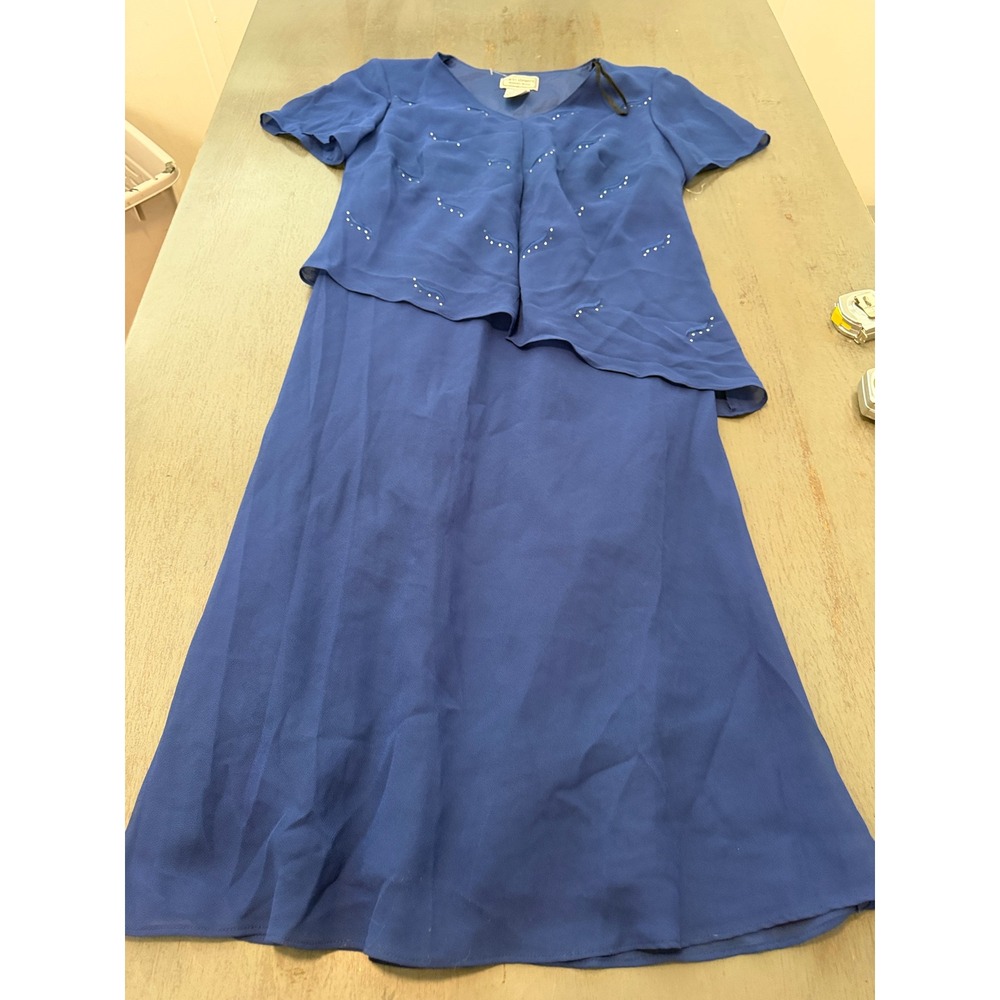 Karin Stevens Womens Petite 14WP Blue Chiffon Rhinestone Layered Maxi Dress